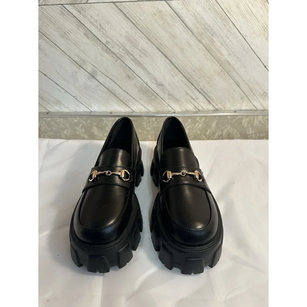 Princess Polly Shoes Womens 7 Black Vegan Leather Bit Loafer Lug Sole Chunky